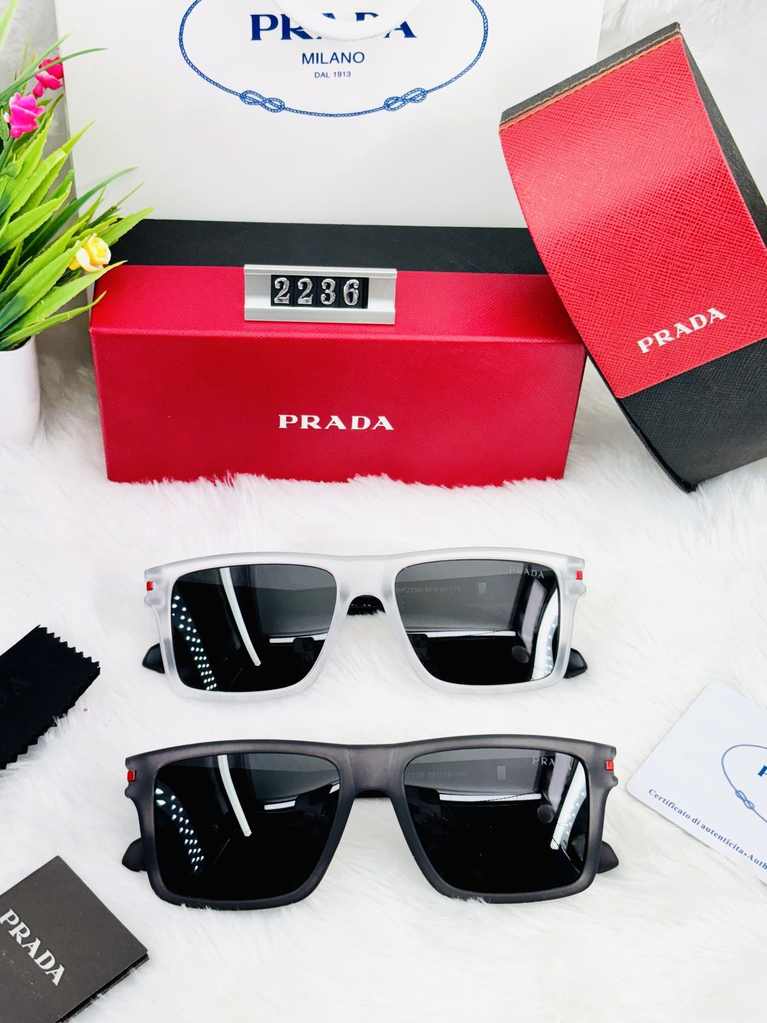 Prada 2236 Square Frame Sunglasses for Men – Premium UV Protection | Black & White