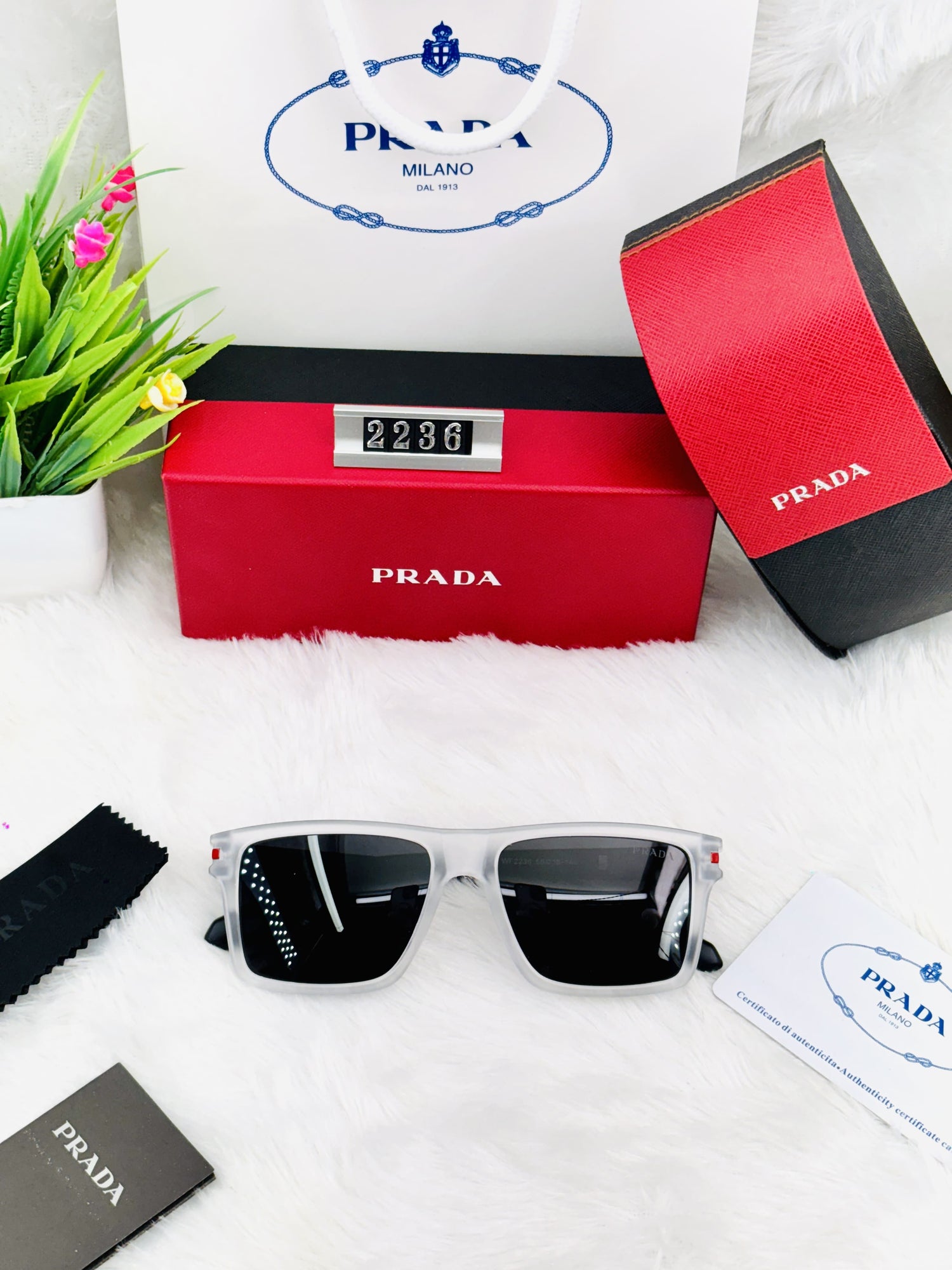 Prada 2236 Square Frame Sunglasses for Men – Premium UV Protection | Black & White