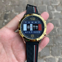 Tommy Hilfiger Men's Gold-Tone Digital Dial Watch with Black Silicone Strap