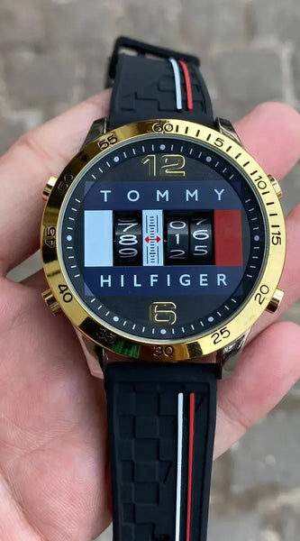 Tommy Hilfiger Men's Gold-Tone Digital Dial Watch with Black Silicone Strap