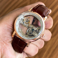 Patek Philippe Rose Gold Skeleton Automatic Watch with Brown Leather Strap
