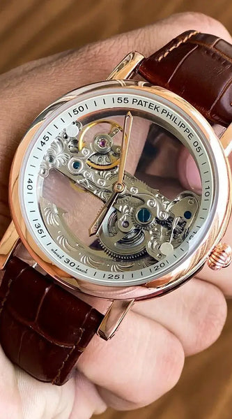 Patek Philippe Rose Gold Skeleton Automatic Watch with Brown Leather Strap