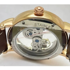 Patek Philippe Rose Gold Skeleton Automatic Watch with Brown Leather Strap