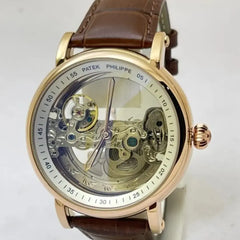 Patek Philippe Rose Gold Skeleton Automatic Watch with Brown Leather Strap