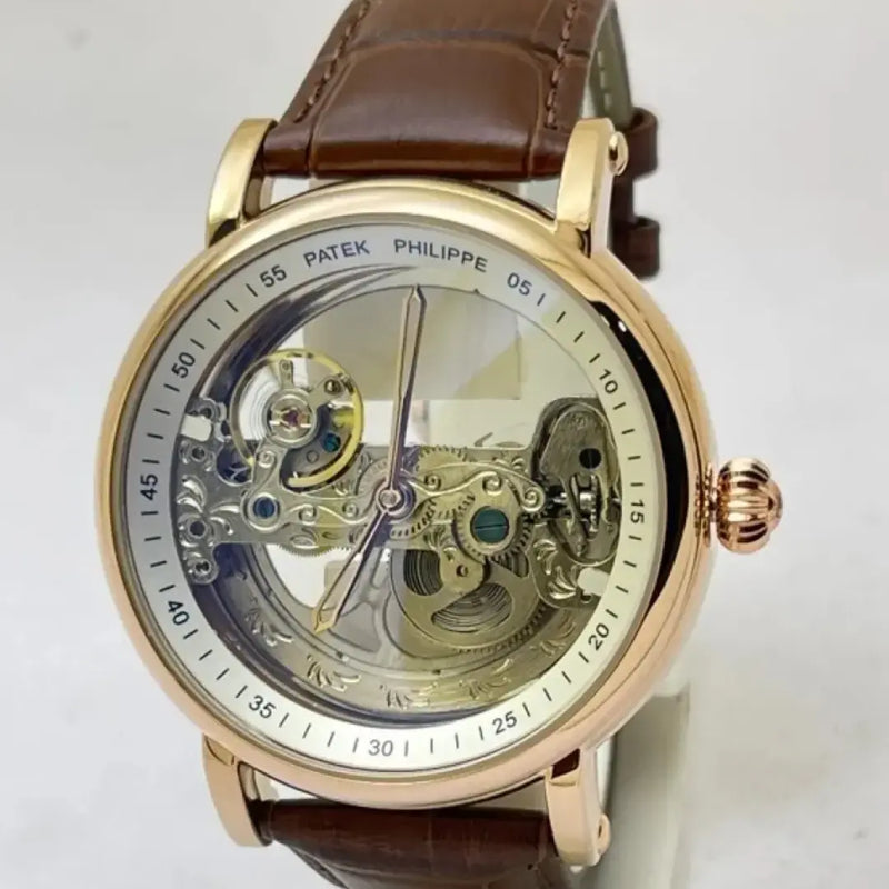 Patek Philippe Rose Gold Skeleton Automatic Watch with Brown Leather Strap