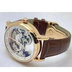 Patek Philippe Rose Gold Skeleton Automatic Watch with Brown Leather Strap