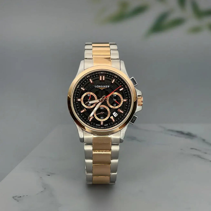 Longines Men’s Two-Tone Chronograph Watch with Black Dial and Rose Gold Accents