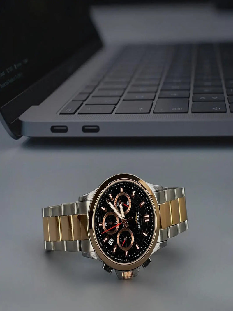 Longines Men’s Two-Tone Chronograph Watch with Black Dial and Rose Gold Accents
