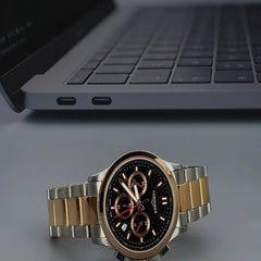 Longines Men’s Two-Tone Chronograph Watch with Black Dial and Rose Gold Accents