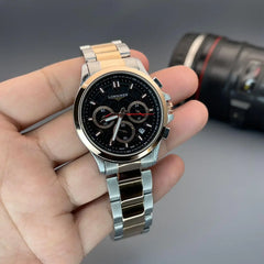 Longines Men’s Two-Tone Chronograph Watch with Black Dial and Rose Gold Accents