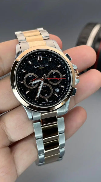 Longines Men’s Two-Tone Chronograph Watch with Black Dial and Rose Gold Accents