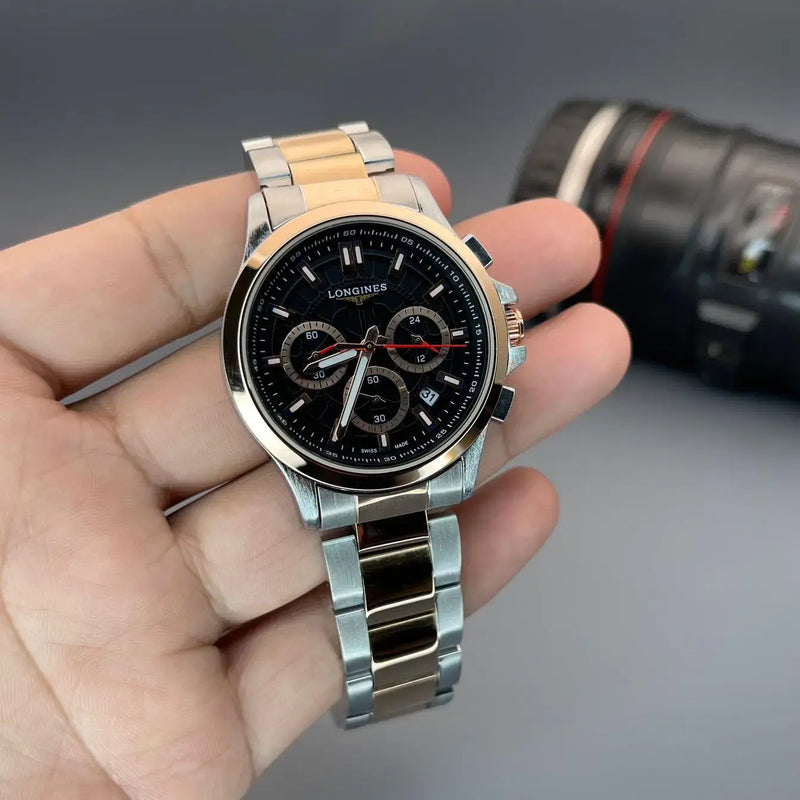 Longines Men’s Two-Tone Chronograph Watch with Black Dial and Rose Gold Accents