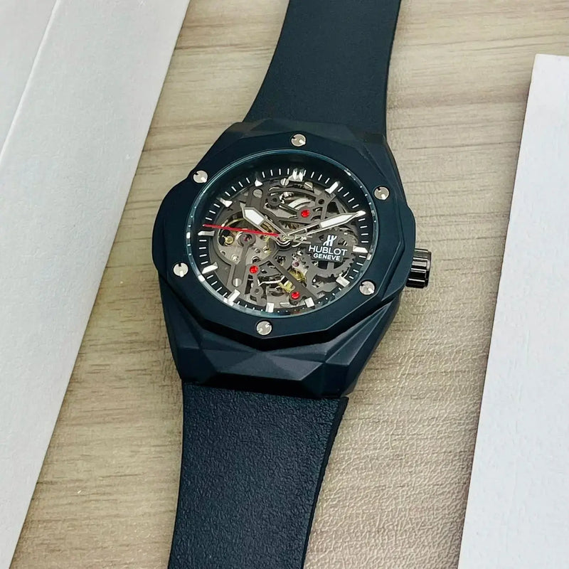 Luxury Skeleton Automatic Watch with Rubber Strap – Hublot Genève Style