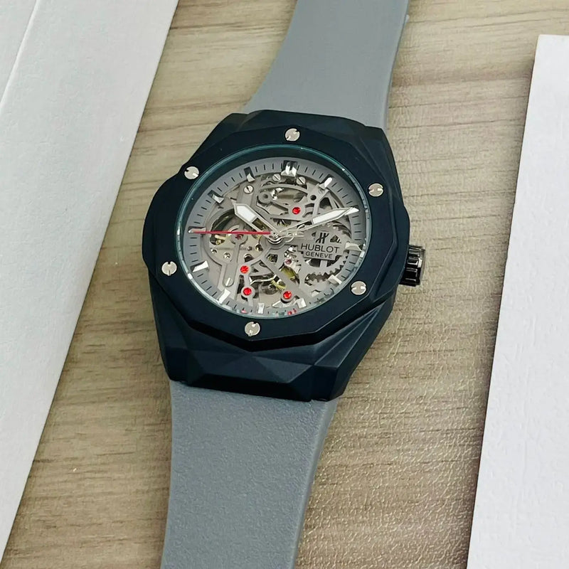 Luxury Skeleton Automatic Watch with Rubber Strap – Hublot Genève Style