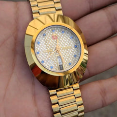 Luxurious Rado Diastar Men's Gold Watch with Diamond-Studded Dial and Day-Date Display