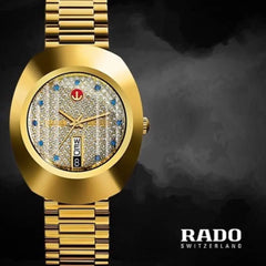 Luxurious Rado Diastar Men's Gold Watch with Diamond-Studded Dial and Day-Date Display