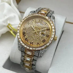 Luxury Diamond-Studded Men’s Watch with Day-Date Display – Elegant Timepiece in Gold, Silver & Rose Gold