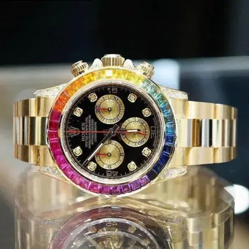 Luxury Rainbow Bezel Chronograph Watch – Premium Diamond Dial | Men's Stainless Steel & Gold Options