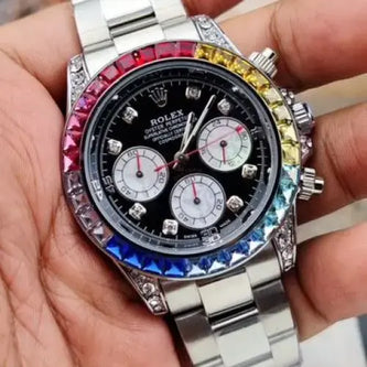 Luxury Rainbow Bezel Chronograph Watch – Premium Diamond Dial | Men's Stainless Steel & Gold Options