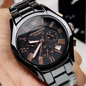 Stylish Men's Black Ceramic Chronograph Watch with Rose Gold Detailing
