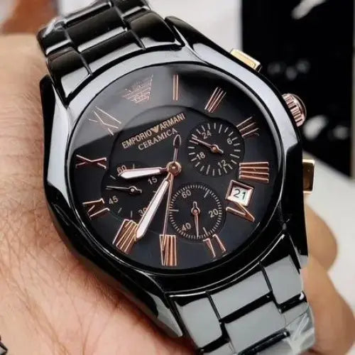 Stylish Men's Black Ceramic Chronograph Watch with Rose Gold Detailing