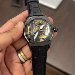 Luxury Skeleton Mechanical Watch with Black Leather Strap – Corum-Inspired Design