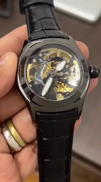 Luxury Skeleton Mechanical Watch with Black Leather Strap – Corum-Inspired Design