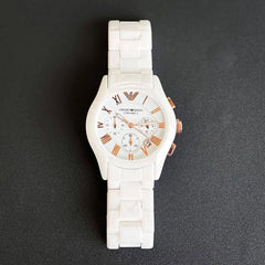 Elegant White Ceramic Men's Watch with Chronograph – Classic Roman Numeral Dial