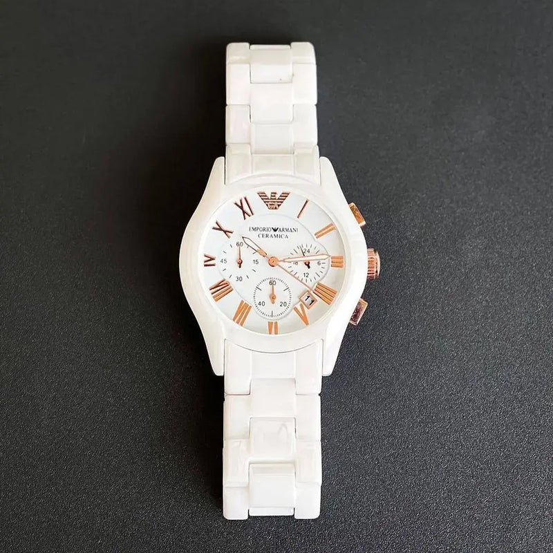 Elegant White Ceramic Men's Watch with Chronograph – Classic Roman Numeral Dial