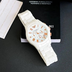 Elegant White Ceramic Men's Watch with Chronograph – Classic Roman Numeral Dial