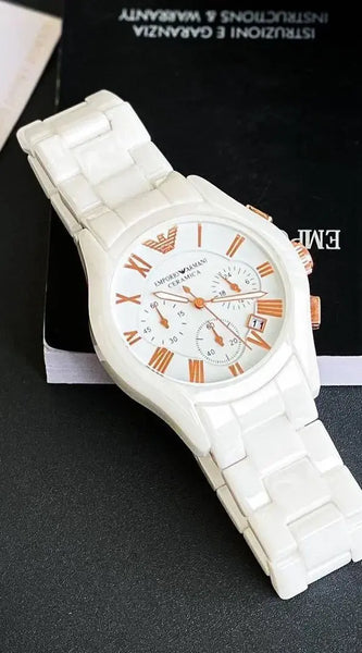 Elegant White Ceramic Men's Watch with Chronograph – Classic Roman Numeral Dial