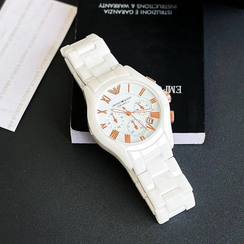 Elegant White Ceramic Men's Watch with Chronograph – Classic Roman Numeral Dial